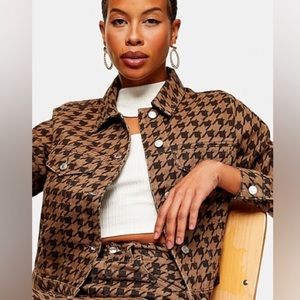 NWT Topshop Houndstooth Brown Denim Jacket